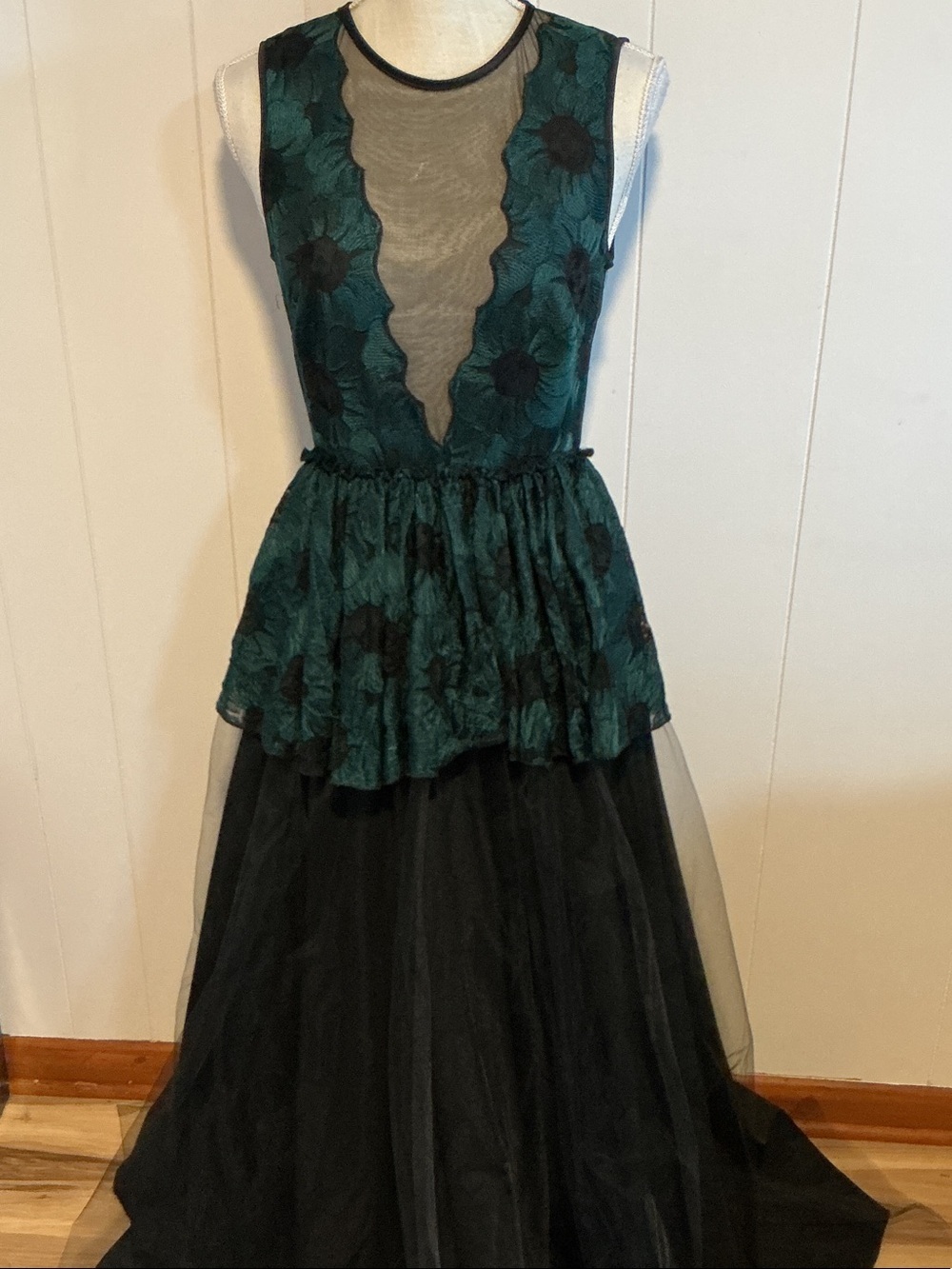 ABS Allen Schwartz Teal and Black Floral Mesh Maxi Dress